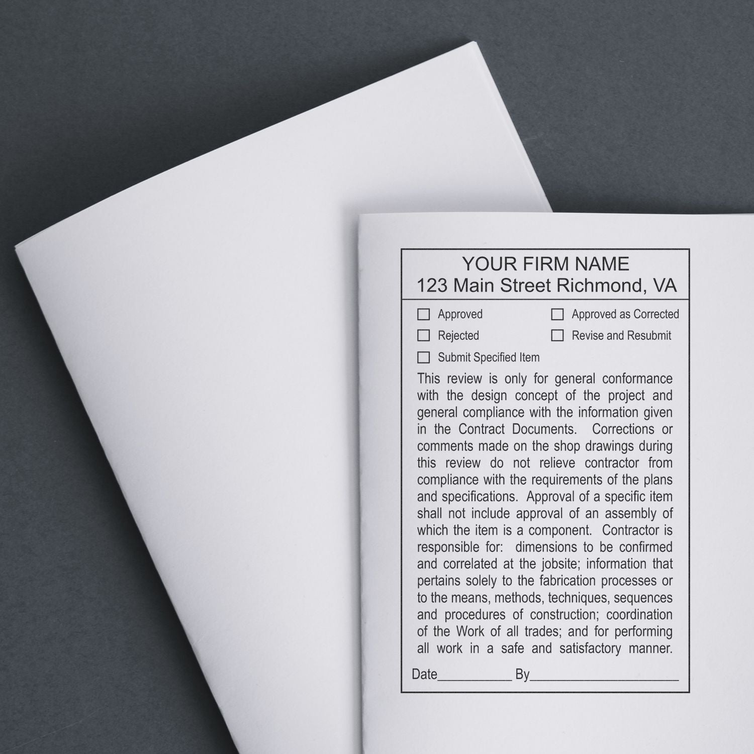 Architectural submittal review form on white paper with approved, rejected, and revise and resubmit options, office document checklist.