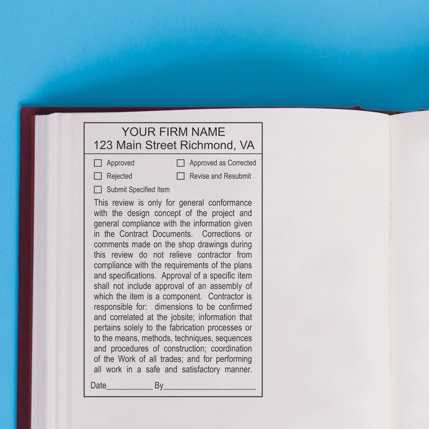 Open book showing a construction shop drawing approval stamp with YOUR FIRM NAME and project review checklist on a blue background.