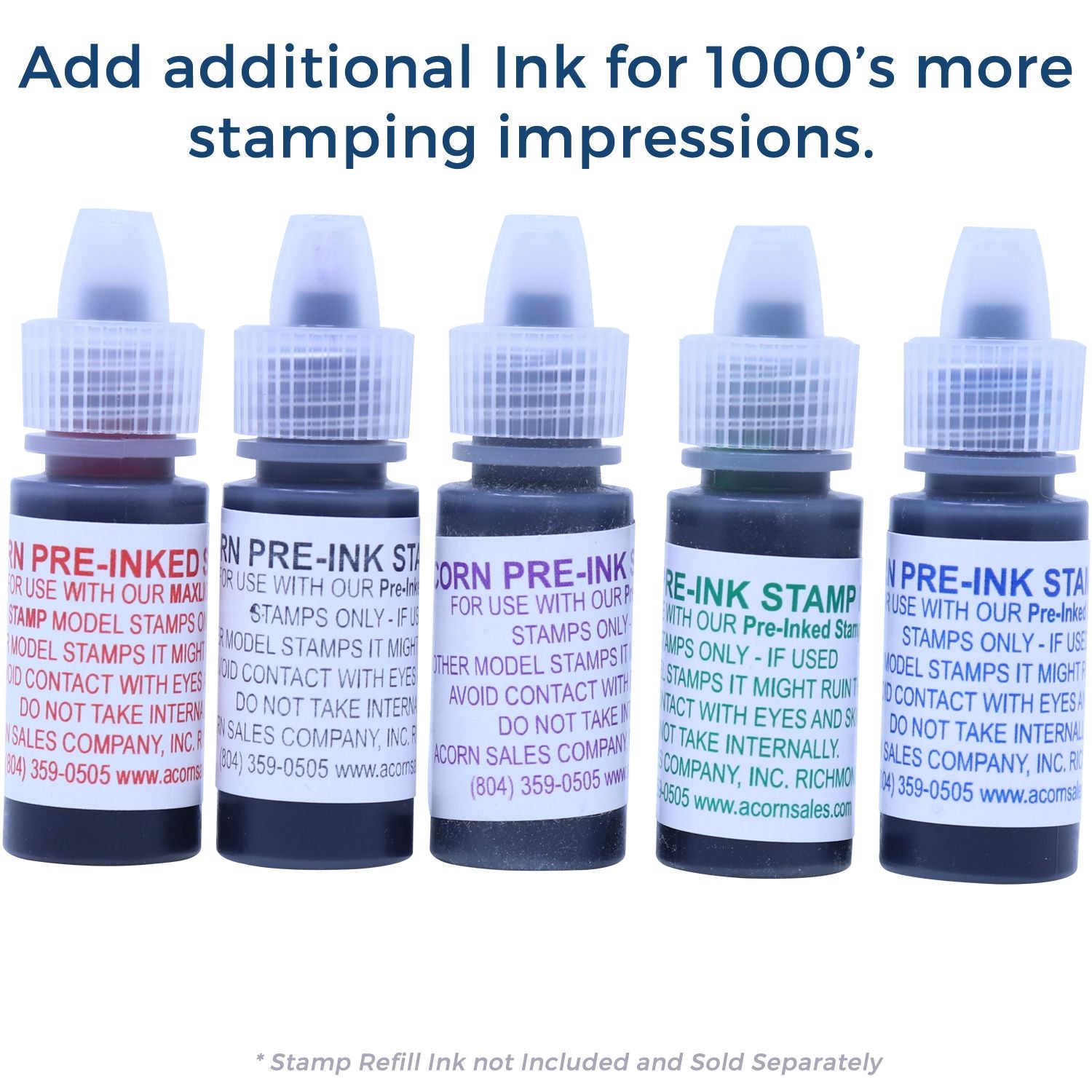 Five pre-ink stamp refill ink bottles for additional stamping impressions, sold separately.