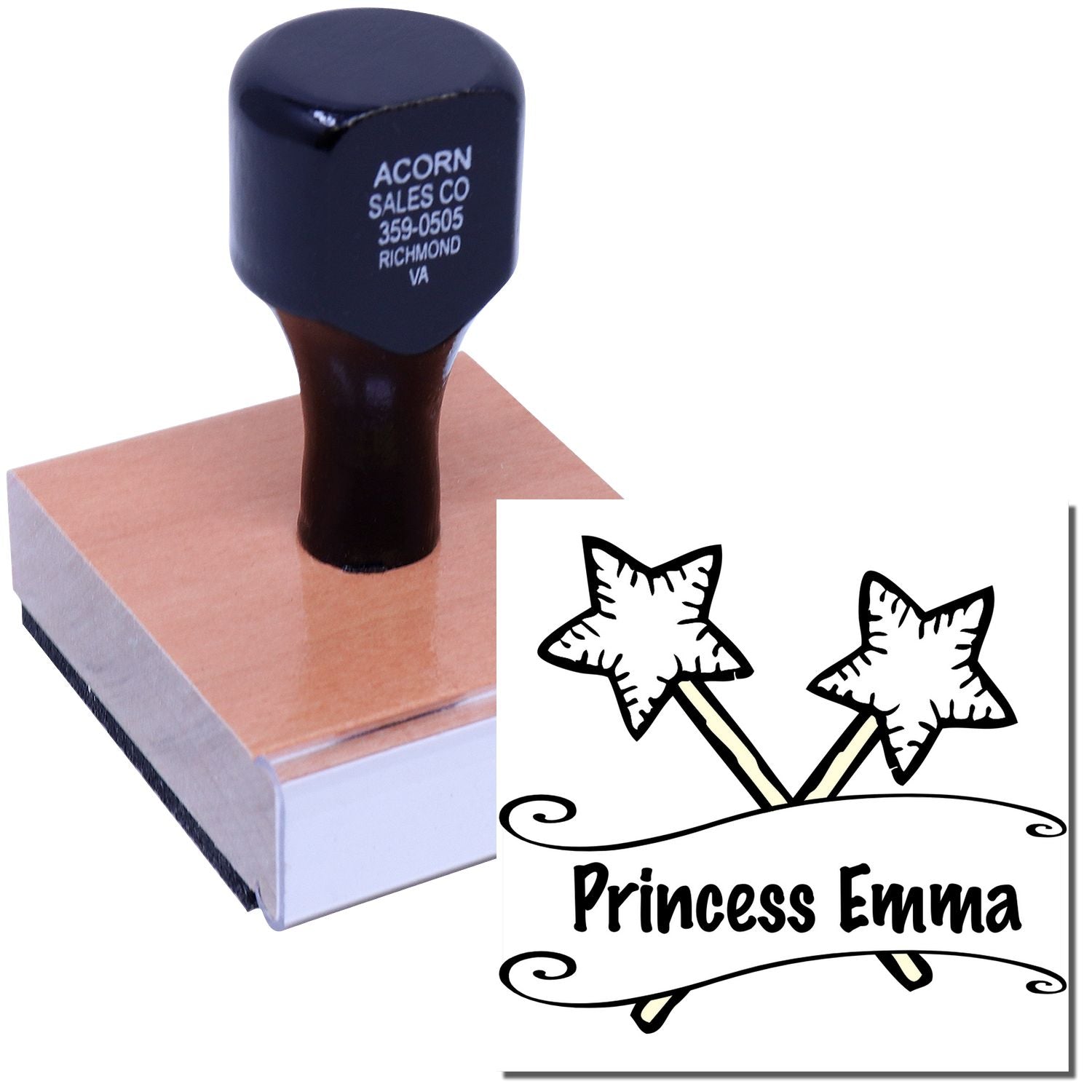 Custom rubber stamp with Princess Emma design for personalized crafts, stationery, and party favors