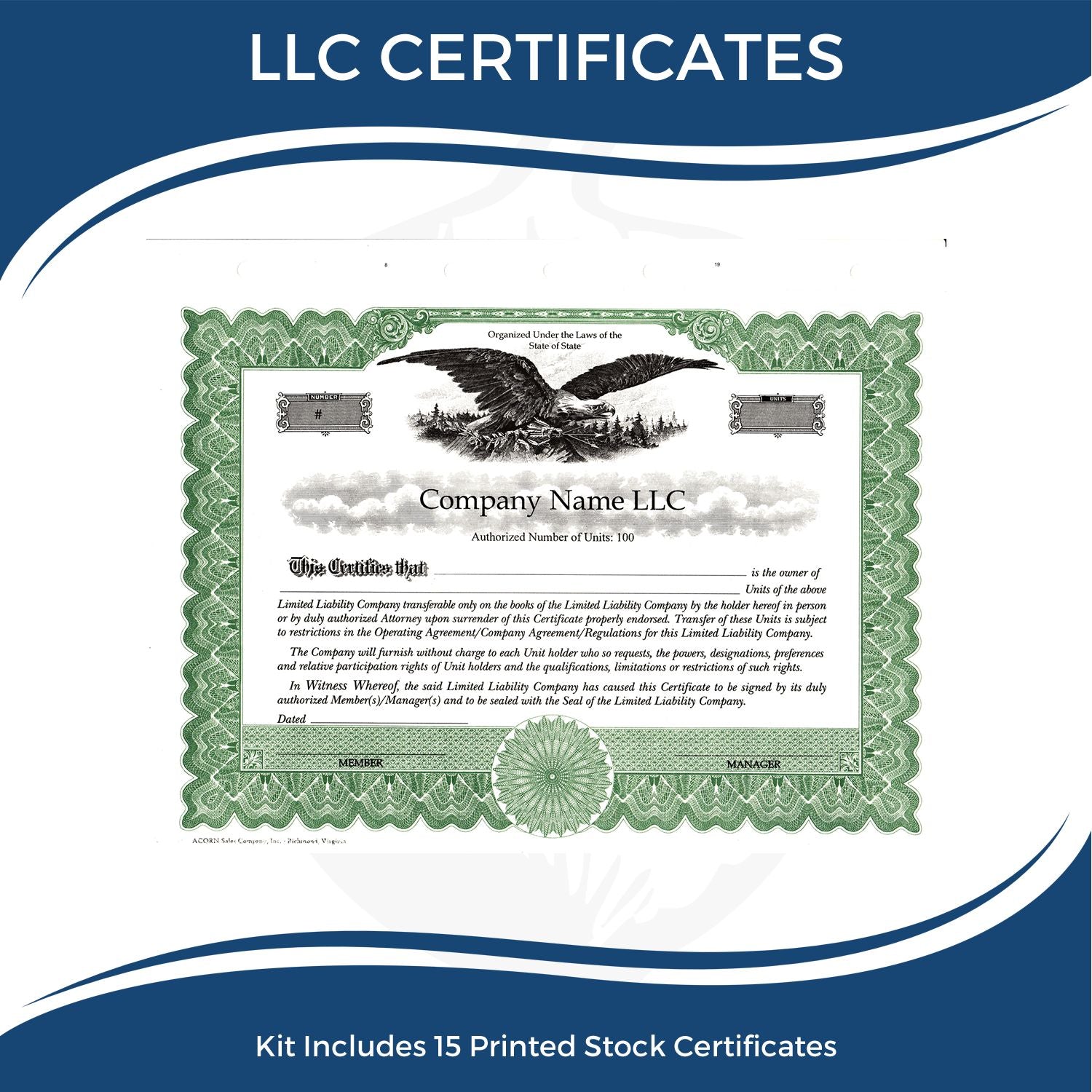 LLC certificates kit with printed stock certificate template for company ownership, business formation, and membership shares.