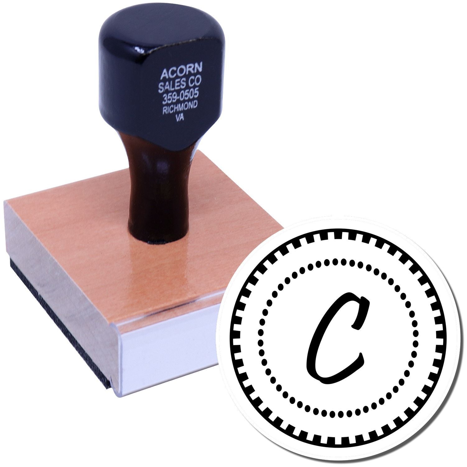 Custom rubber stamp with monogram C, ideal for business branding, packaging, and personalized document marking.