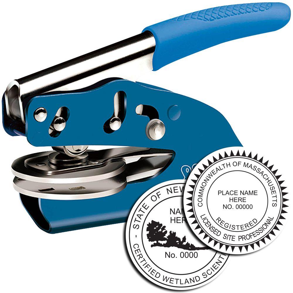 Blue handheld embossing seal press with custom certified wetland scientist and Massachusetts licensed site professional stamps.
