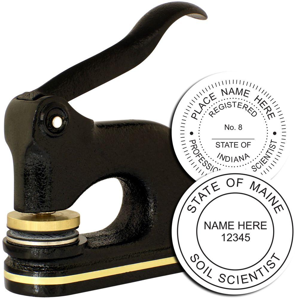 Black metal soil scientist embosser stamp with custom state registration seals and name imprint options.