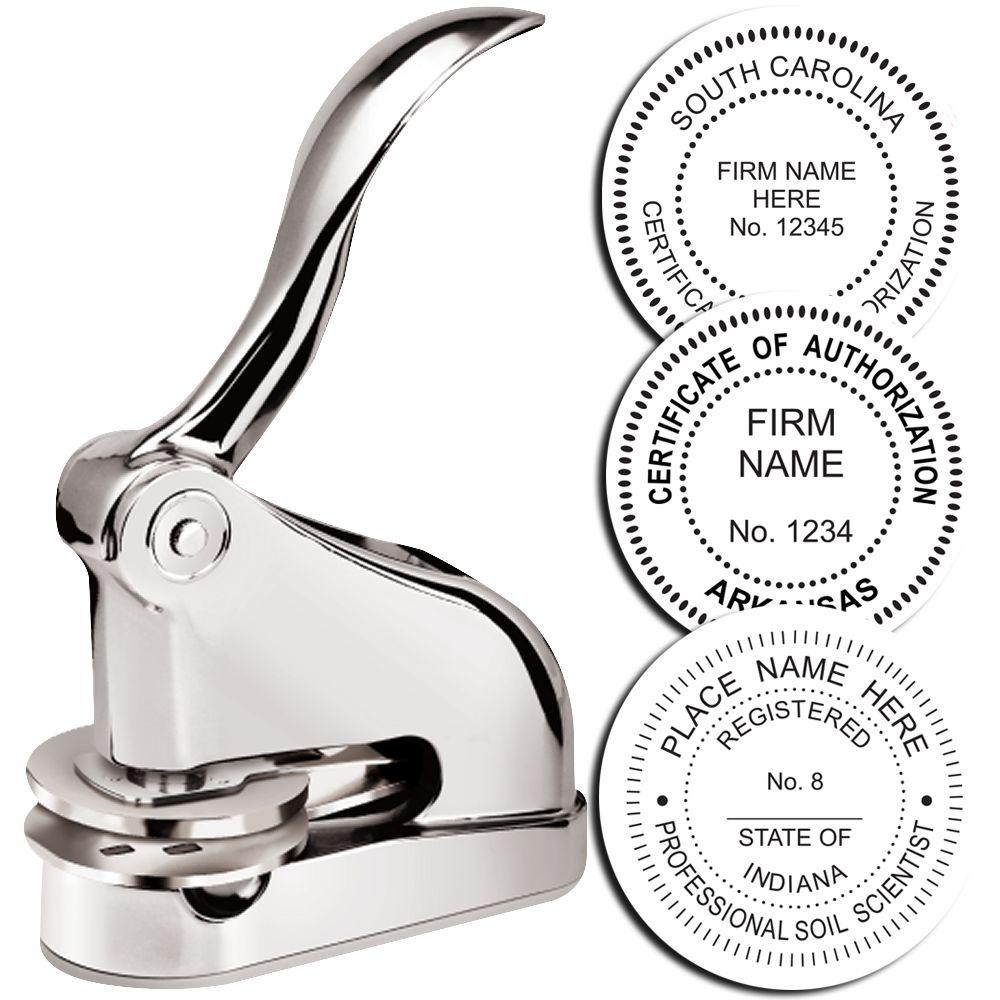 Chrome embossing seal press with custom certification, authorization, and professional registration seals on a white background