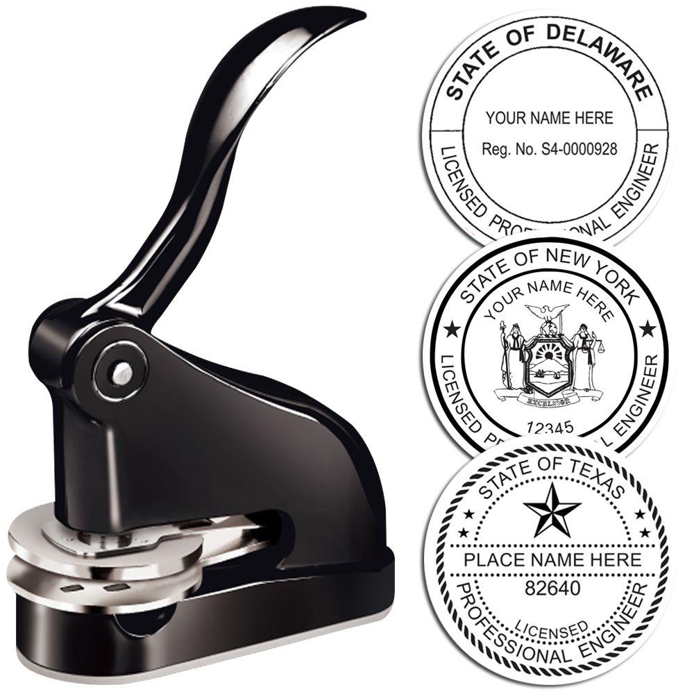 Black custom professional engineer embossing seal press with sample Delaware, New York, and Texas state PE seal impressions.
