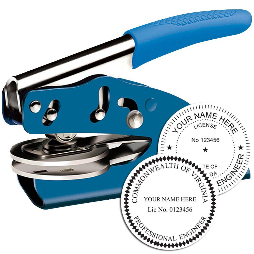 Custom blue self-inking embosser stamp with Professional Engineer and Virginia license seal plates, personalized name and license number.