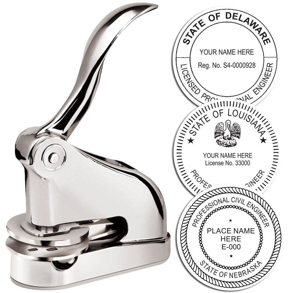 Chrome embossing seal press with custom professional engineer stamps for Delaware, Louisiana, and Nebraska.