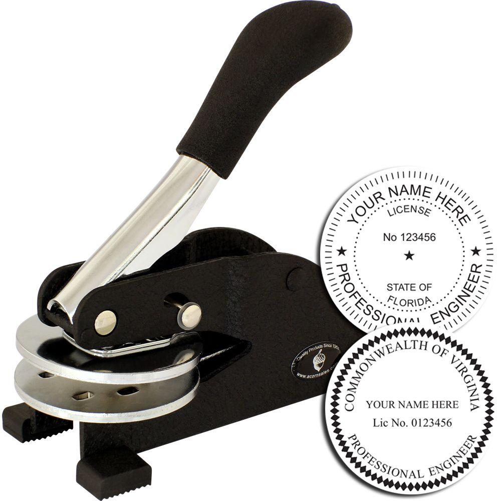 Handheld professional engineer embossing seal press with custom Florida and Virginia PE stamp examples