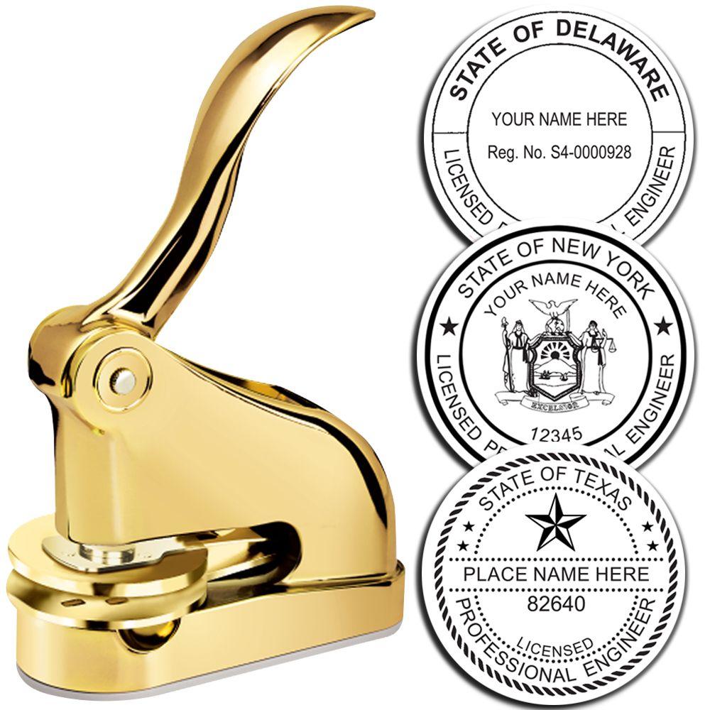 Gold custom embosser seal press with Delaware, New York, and Texas professional engineer seal designs