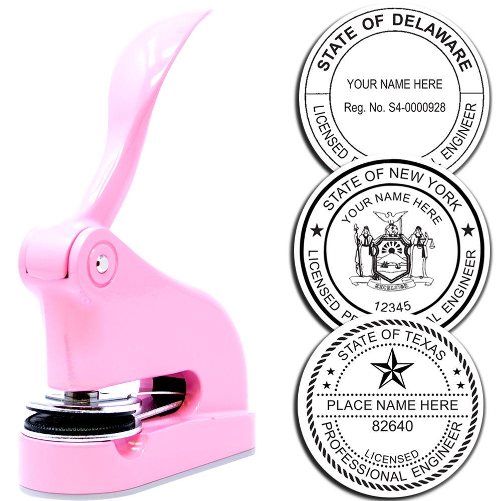 Pink custom embossing seal press with professional engineer state seals for Delaware, New York, and Texas on white background.