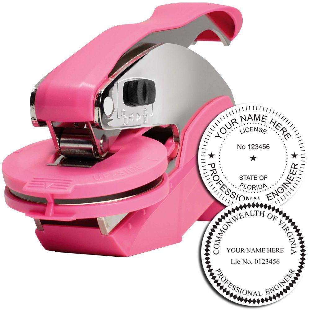 Pink custom self-inking embosser stamp with professional engineer license seal impressions on white background.