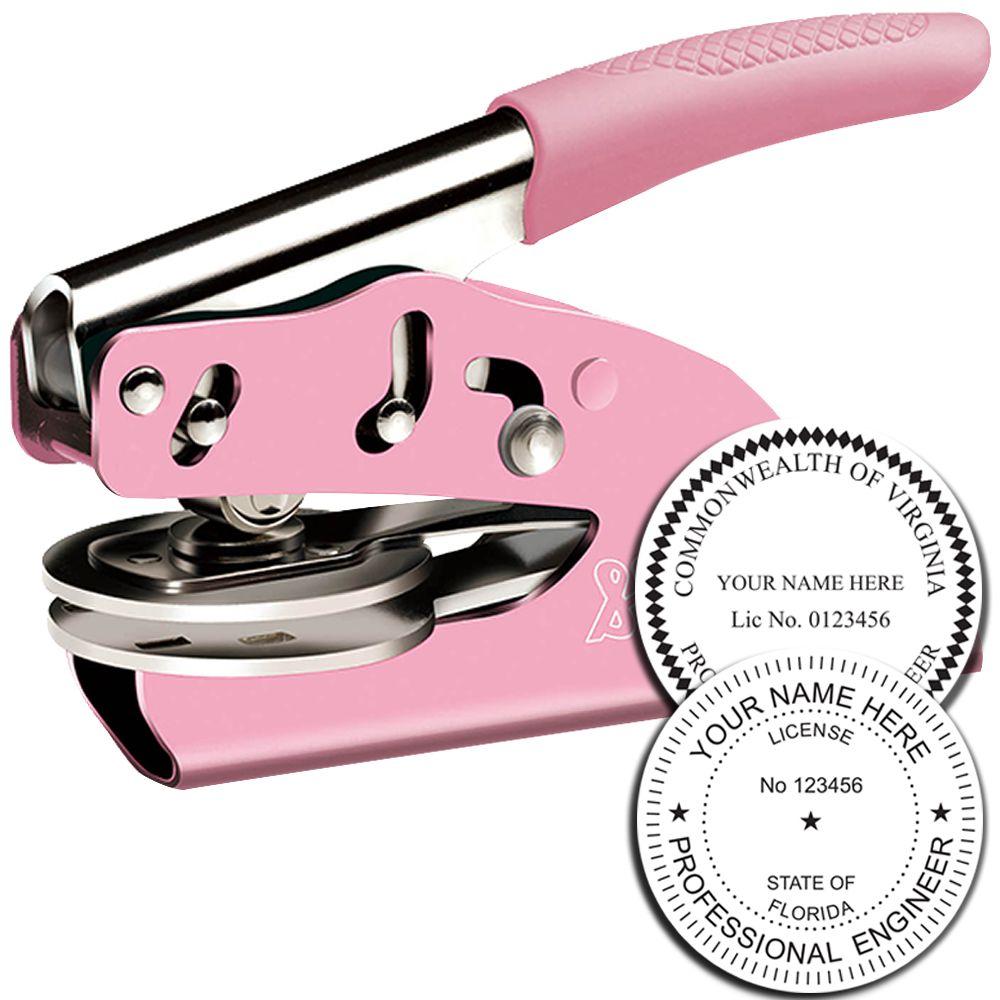 Pink custom embossing seal stamp for professional engineer license with personalized name and number, metal handheld embosser tool.