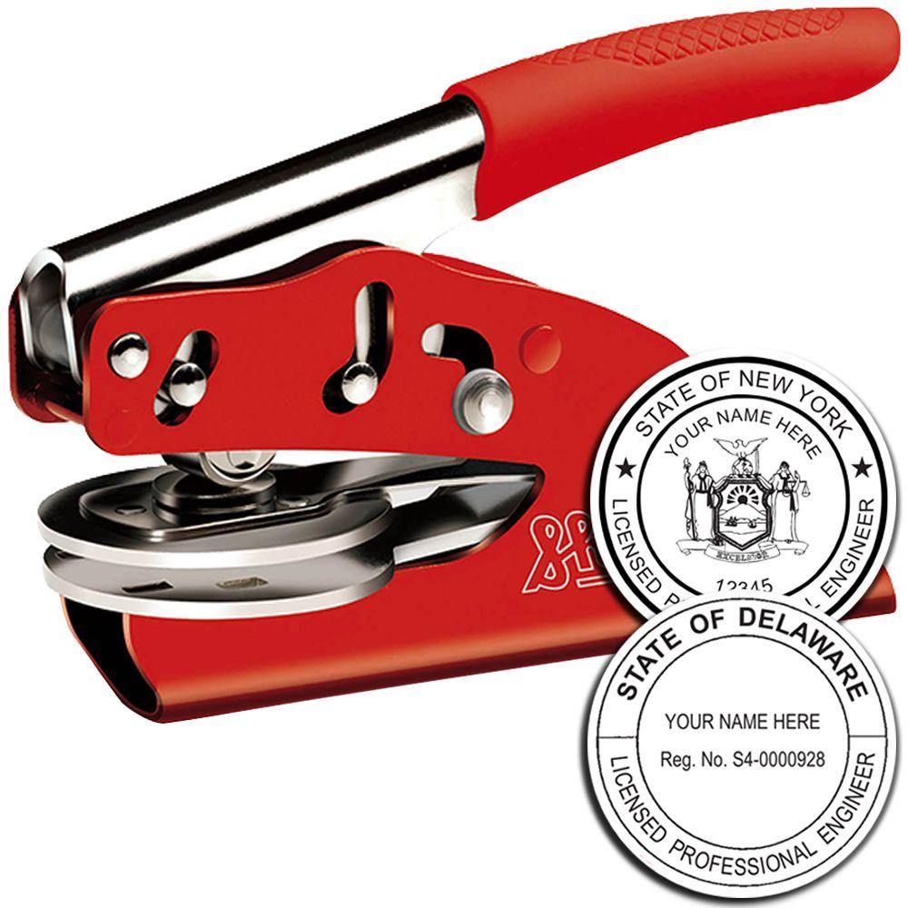 Red professional engineer embosser stamp with New York and Delaware PE seal examples for licensed engineers