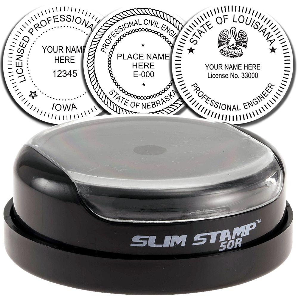 Slim Stamp self-inking professional engineer seal stamp with customizable state license imprints for Iowa, Nebraska, and Louisiana.