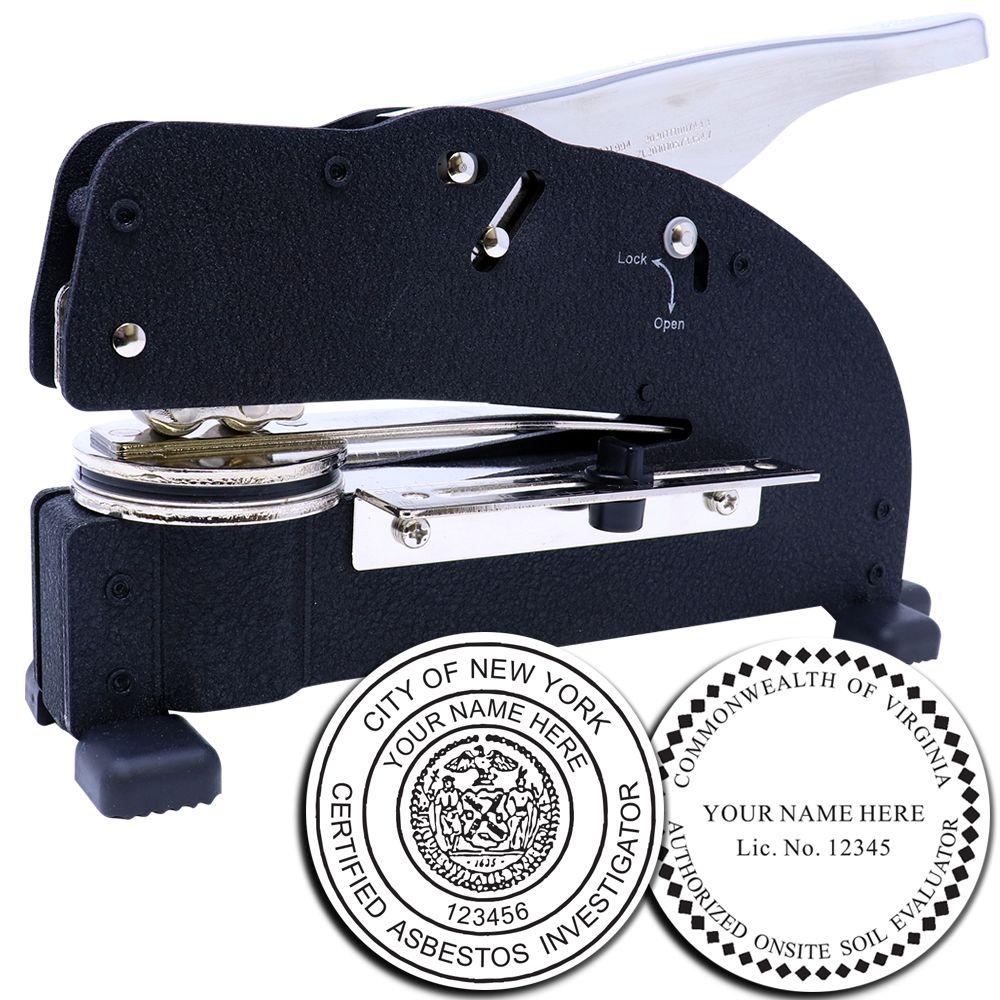Black desktop embosser with custom certification seals for New York certified asbestos investigator and Virginia onsite soil evaluator.