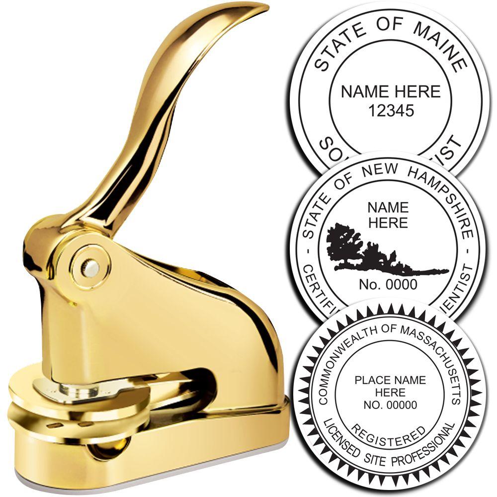 Gold state seal embosser stamp with custom professional seal examples for Maine, New Hampshire, and Massachusetts.