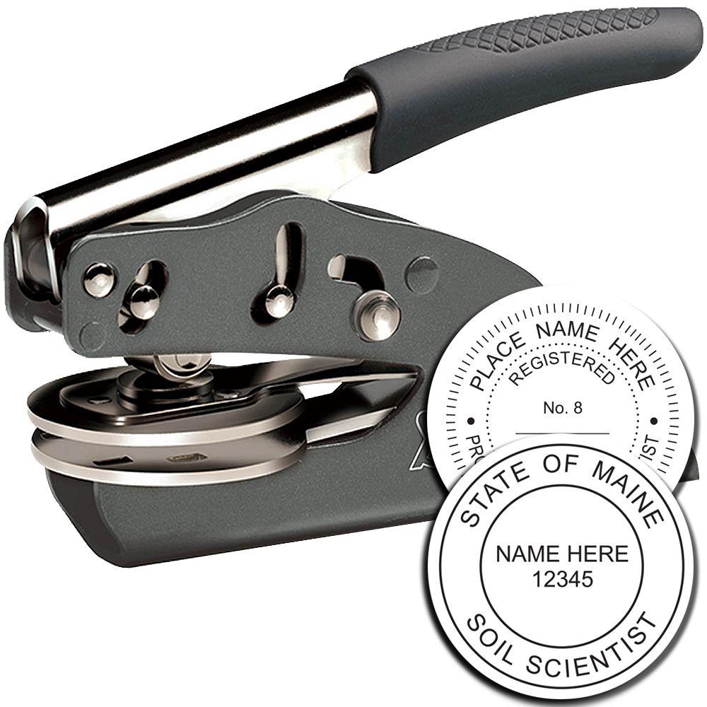 Handheld custom embossing seal stamp with personalized circular state soil scientist and registered name design.
