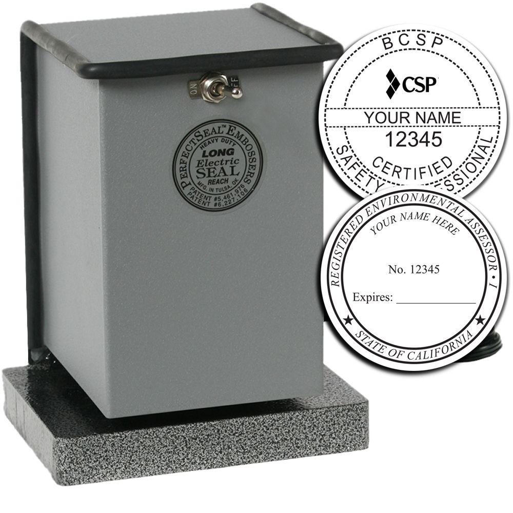 Long Electric Seal embosser with sample custom professional certification stamps for CSP and environmental assessor.