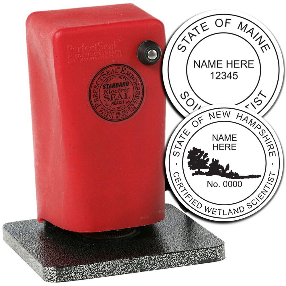 Red electric embossing seal stamp with custom state seal designs for Maine and New Hampshire, ideal for official notary and wetland scientist embossing.