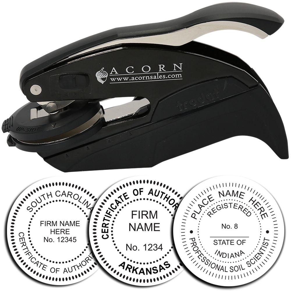 Black Acorn handheld embossing seal press with sample custom certificate and professional notary-style raised seals.