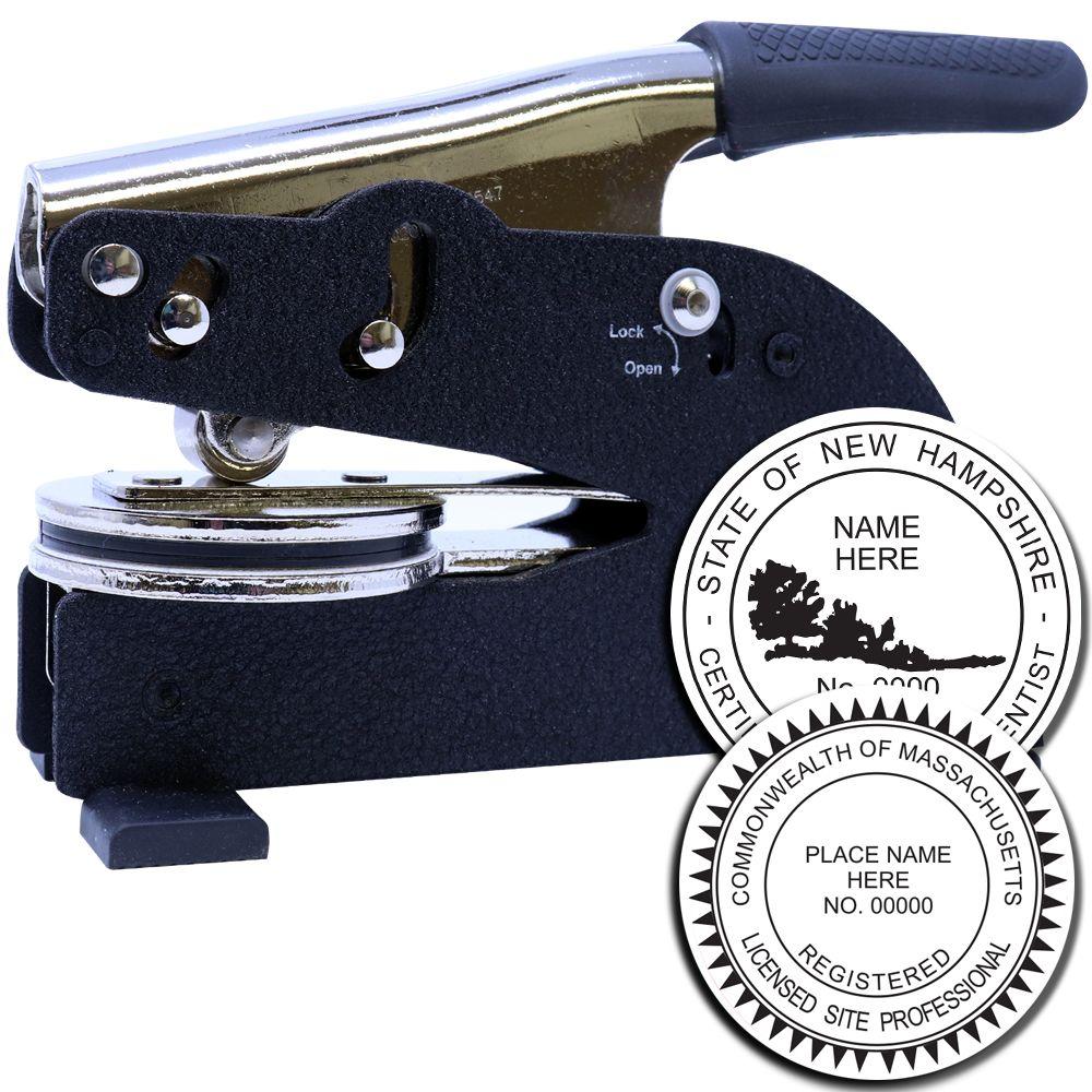 Heavy-duty embossing seal press with custom state professional seal stamps for New Hampshire and Massachusetts.