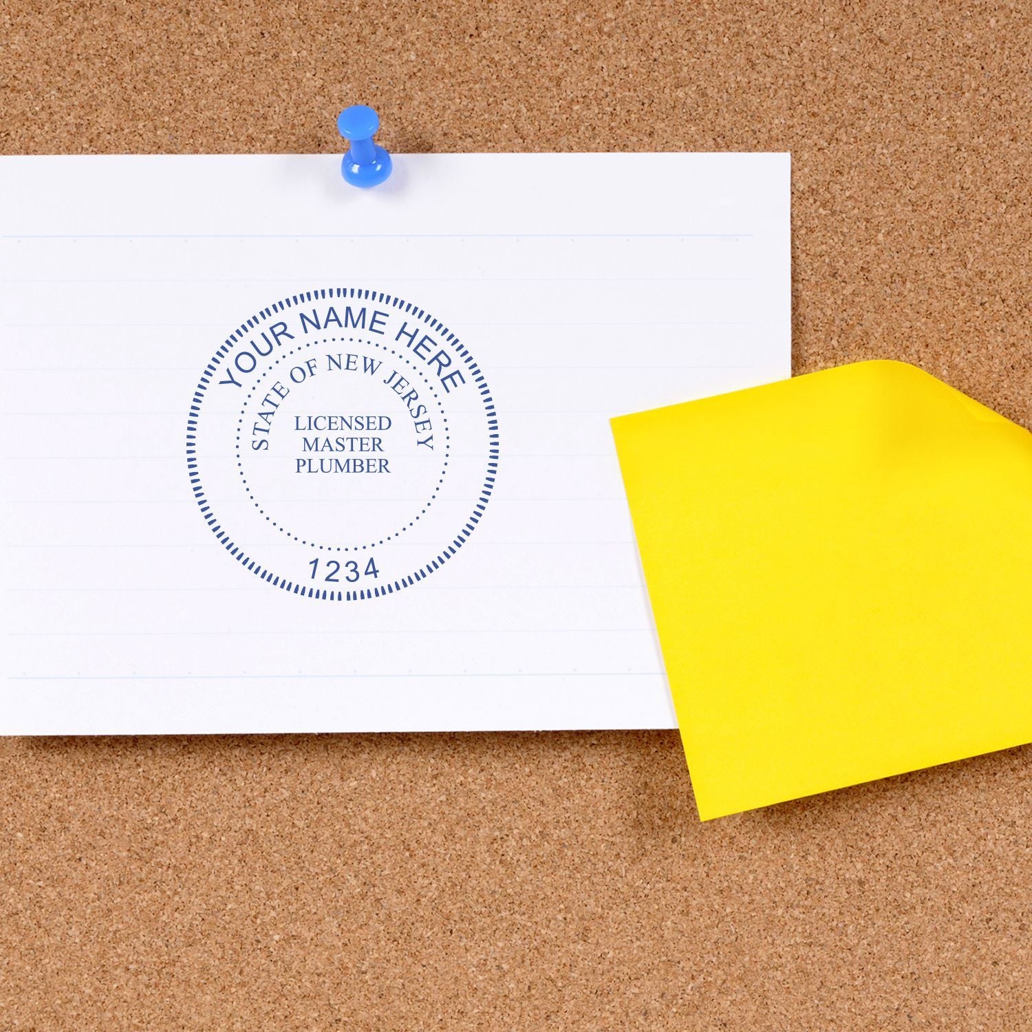 Blank business letter with New Jersey licensed master plumber stamp on corkboard and yellow sticky note