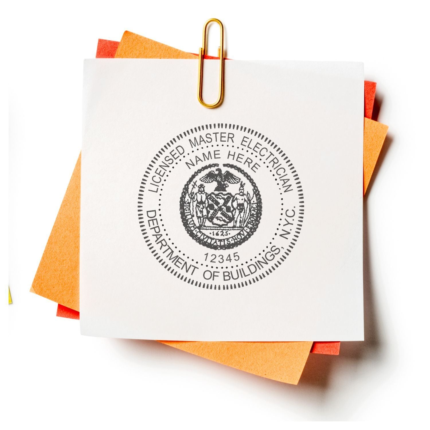 Licensed master electrician stamp on paper clipped note, New York City Department of Buildings approval.