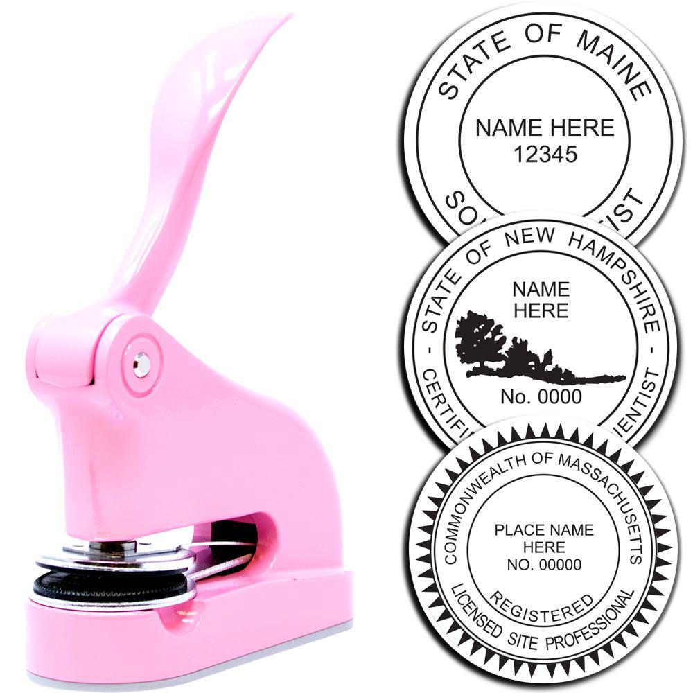 Pink embossing seal press with custom state notary seals for Maine, New Hampshire, and Massachusetts.