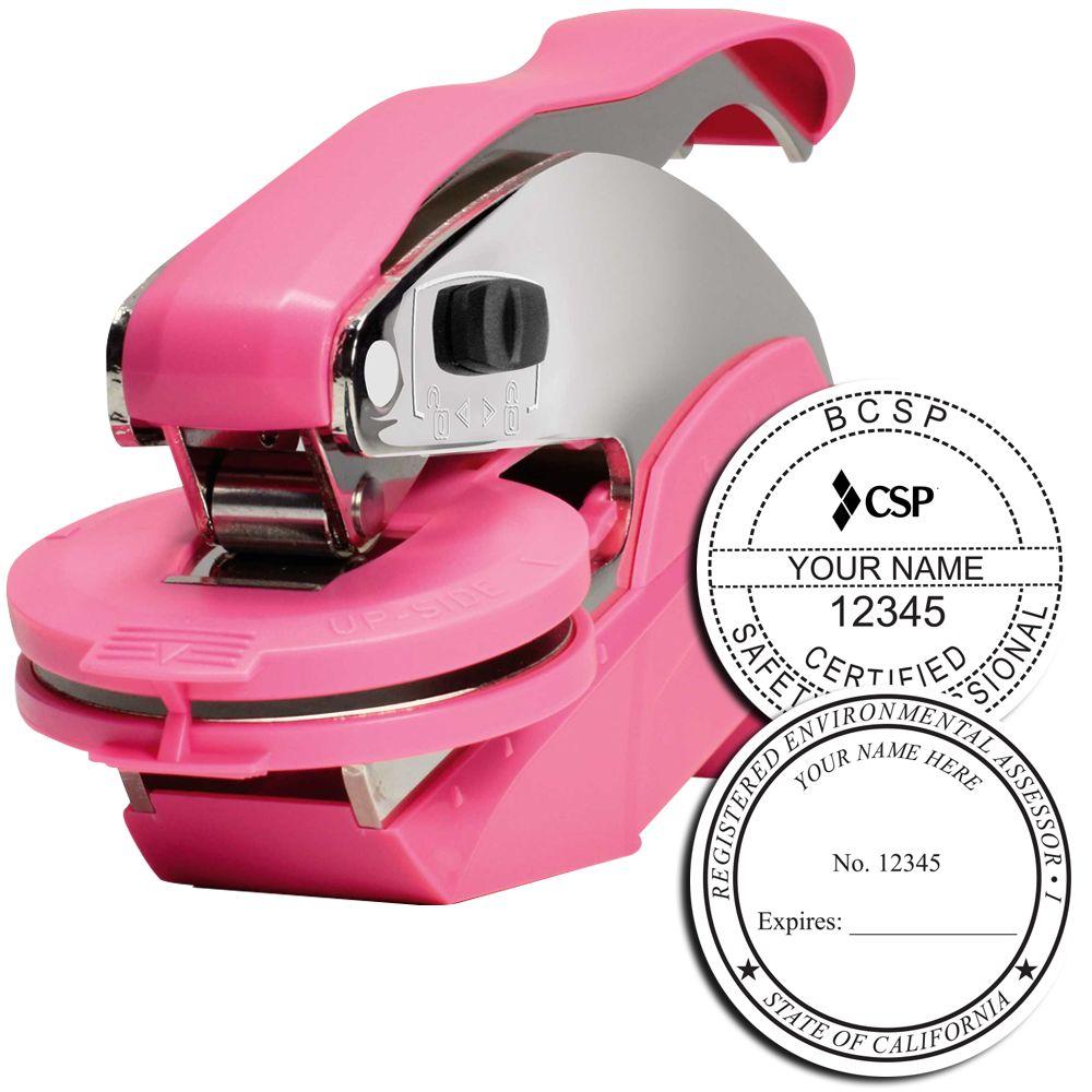 Pink custom badge embosser with BCSP CSP certified seal for professional environmental assessor stamping.