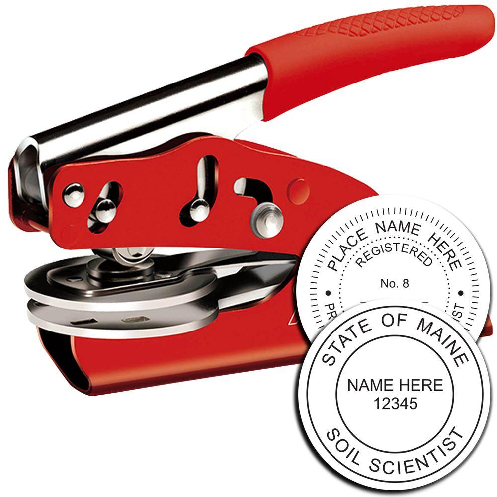 Red custom embossing seal press with state of Maine soil scientist stamp and personalized registration seal.