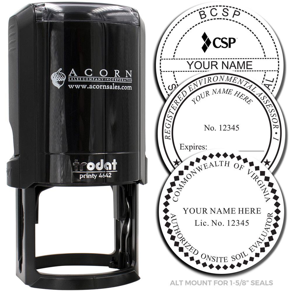 Black Trodat self-inking stamp with custom 1-5/8 inch seal designs and professional embossed certification seal examples on white background.