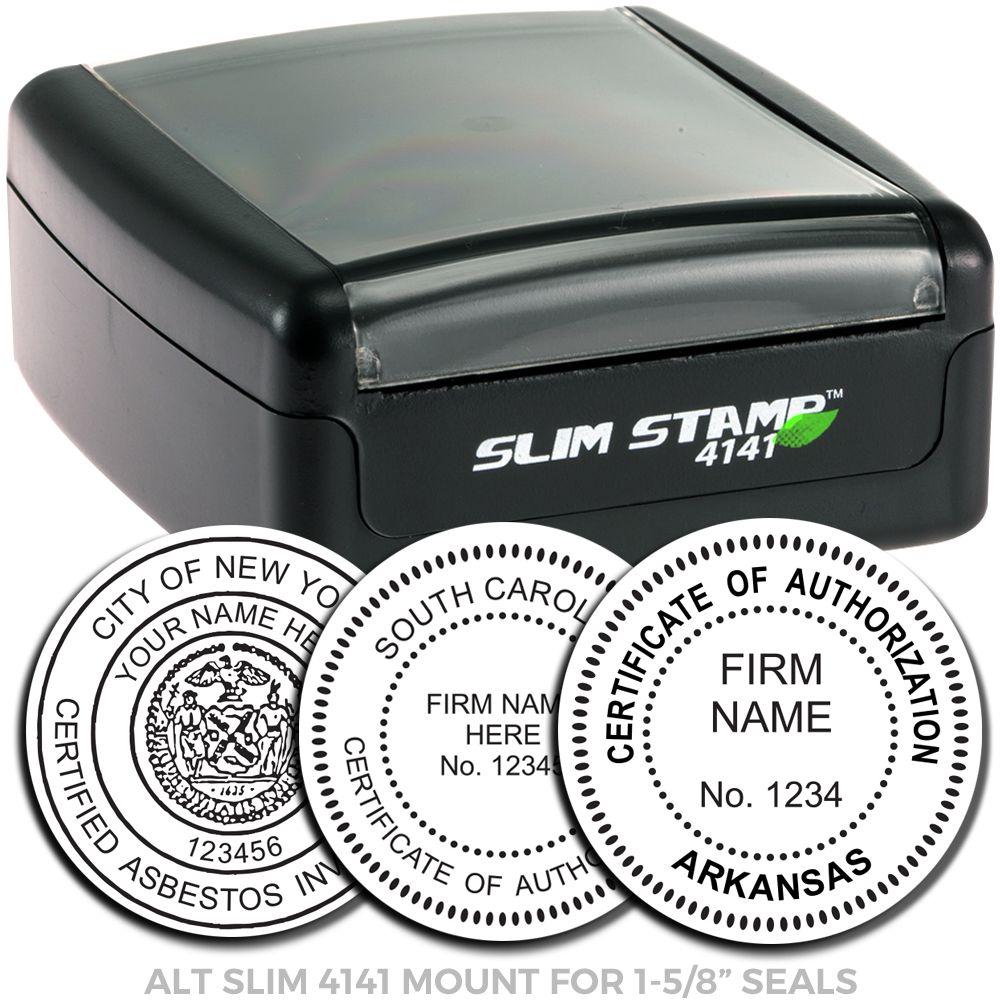 Slim Stamp 4141 mount for 1-5/8 inch certification seals, black self-inking stamp with custom round authorization and asbestos inspection seals