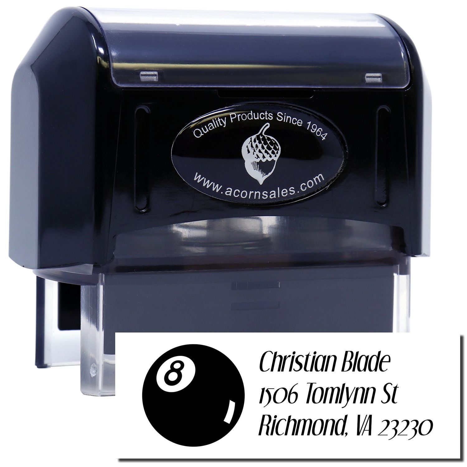 Personalized self-inking return address stamp with sample imprint for business and mailing use.