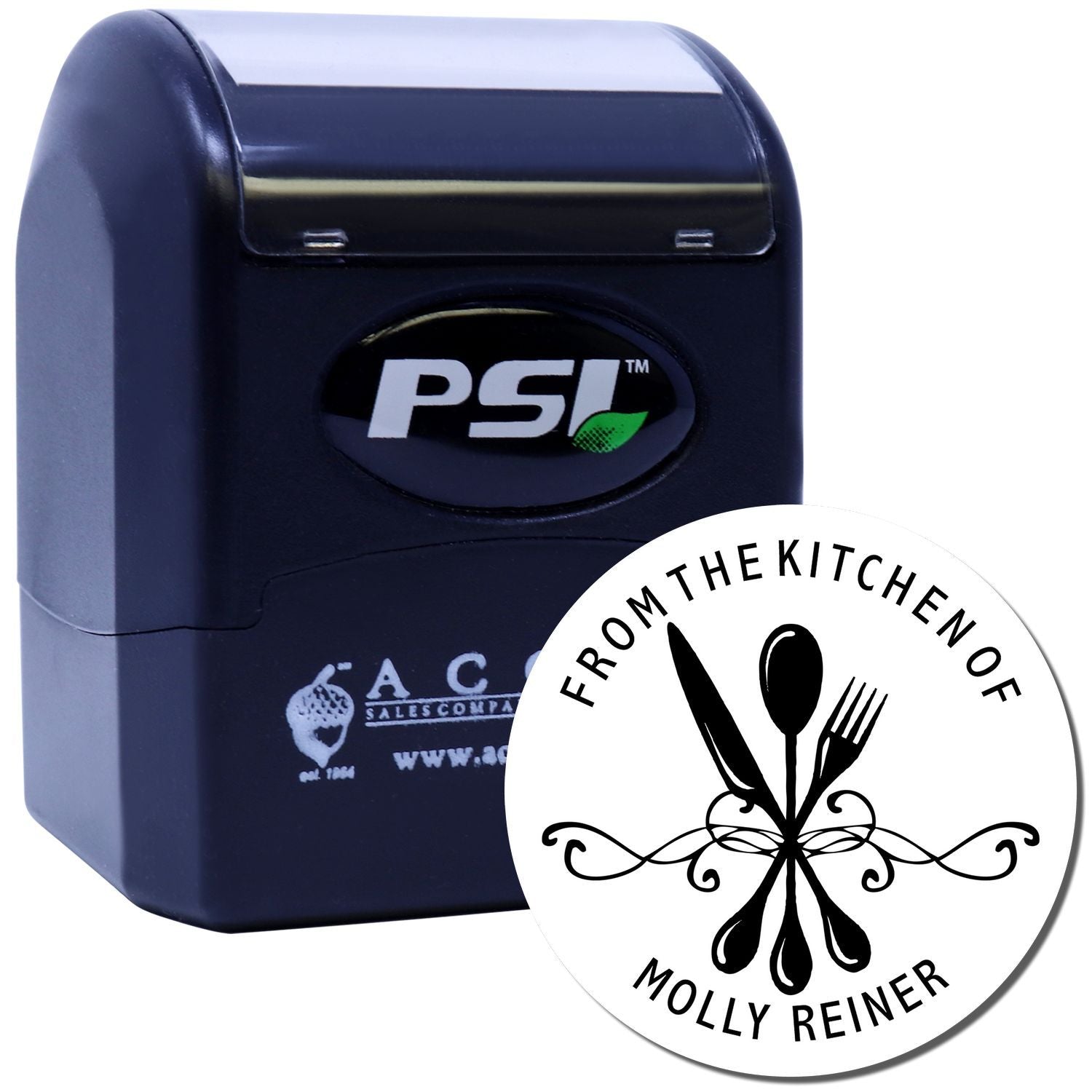 Custom self-inking rubber stamp with From the Kitchen of Molly Reiner logo for food branding and packaging.
