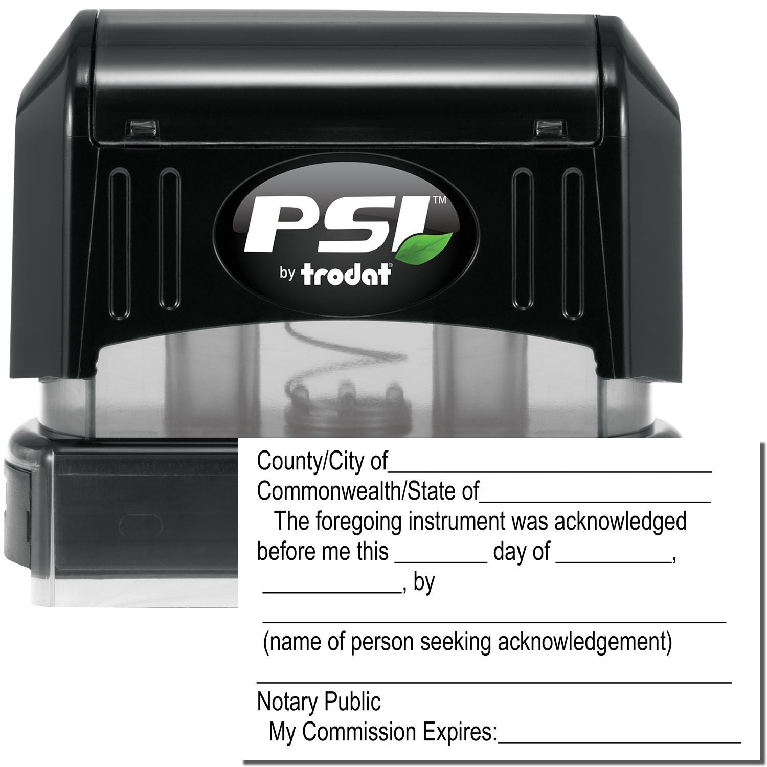 PSI by Trodat self-inking notary public acknowledgment stamp with state and county fields for official document notarization.