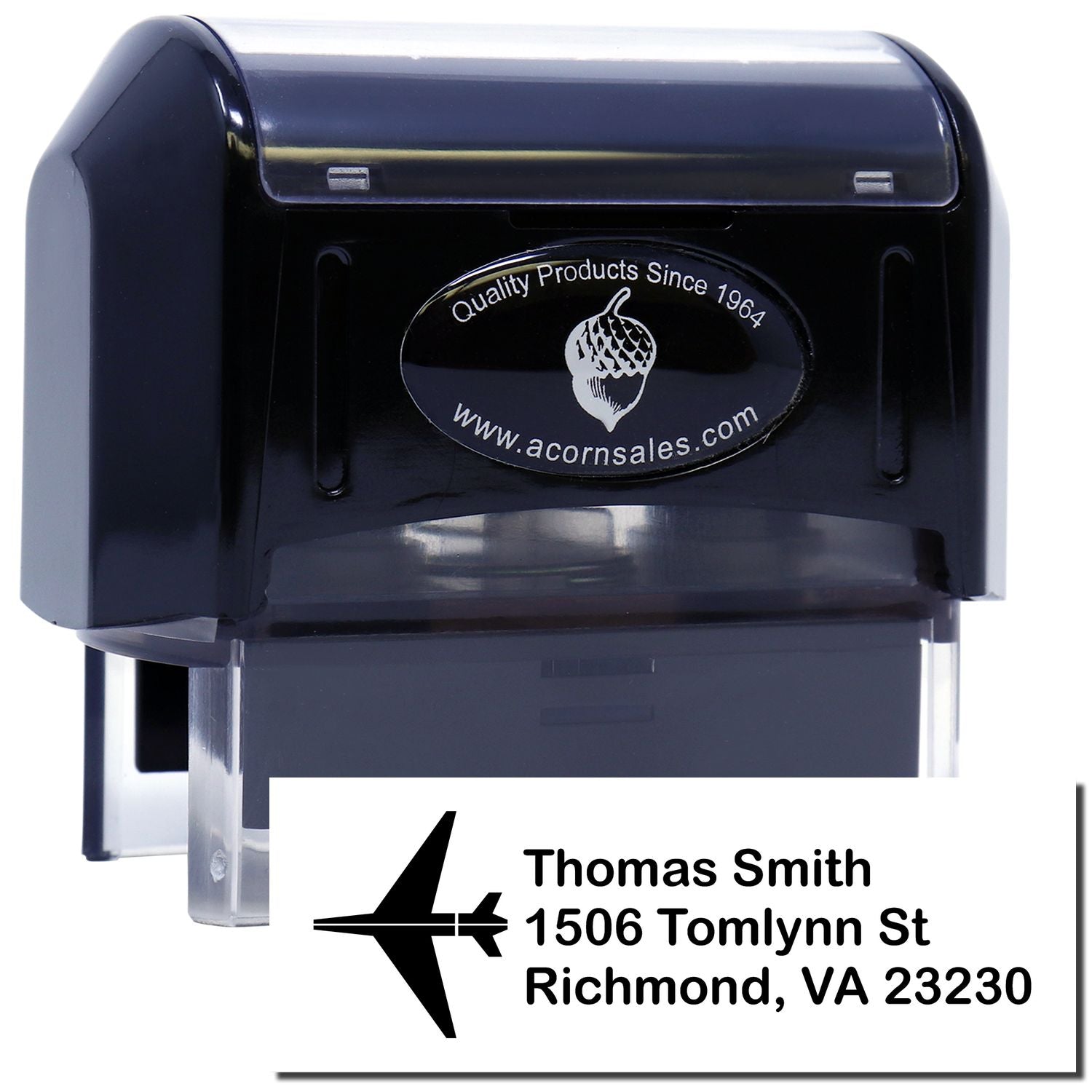Self-inking custom return address stamp with airplane icon for mailing labels and personal correspondence.