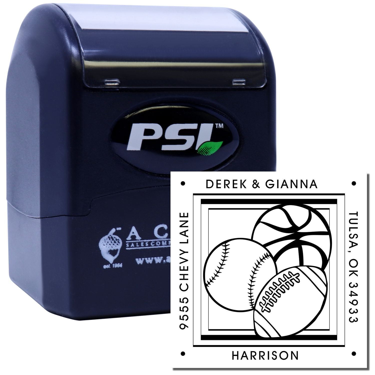 Custom self-inking PSI rubber stamp with sports balls design for personalized address stamps and team stationery