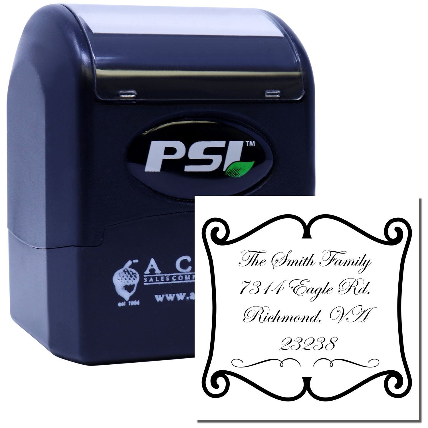 PSI self-inking custom return address rubber stamp with ornate family name and address design sample