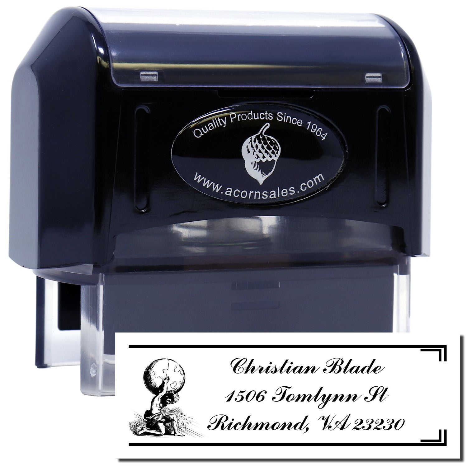 Self-inking rubber stamp with custom return address design for personalized mailing and business use.