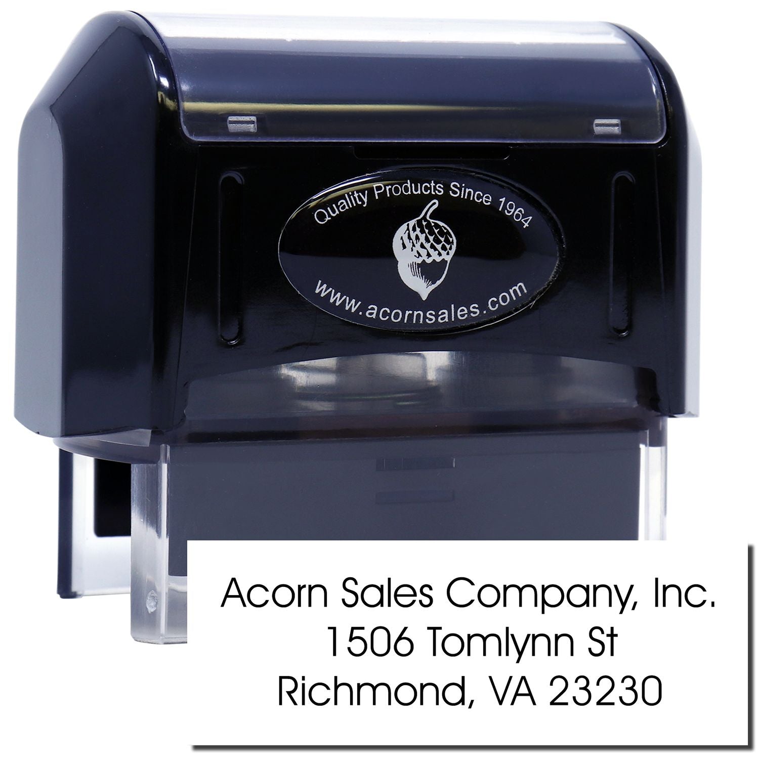 Custom self-inking rubber address stamp for Acorn Sales Company, Inc., Richmond, VA 23230