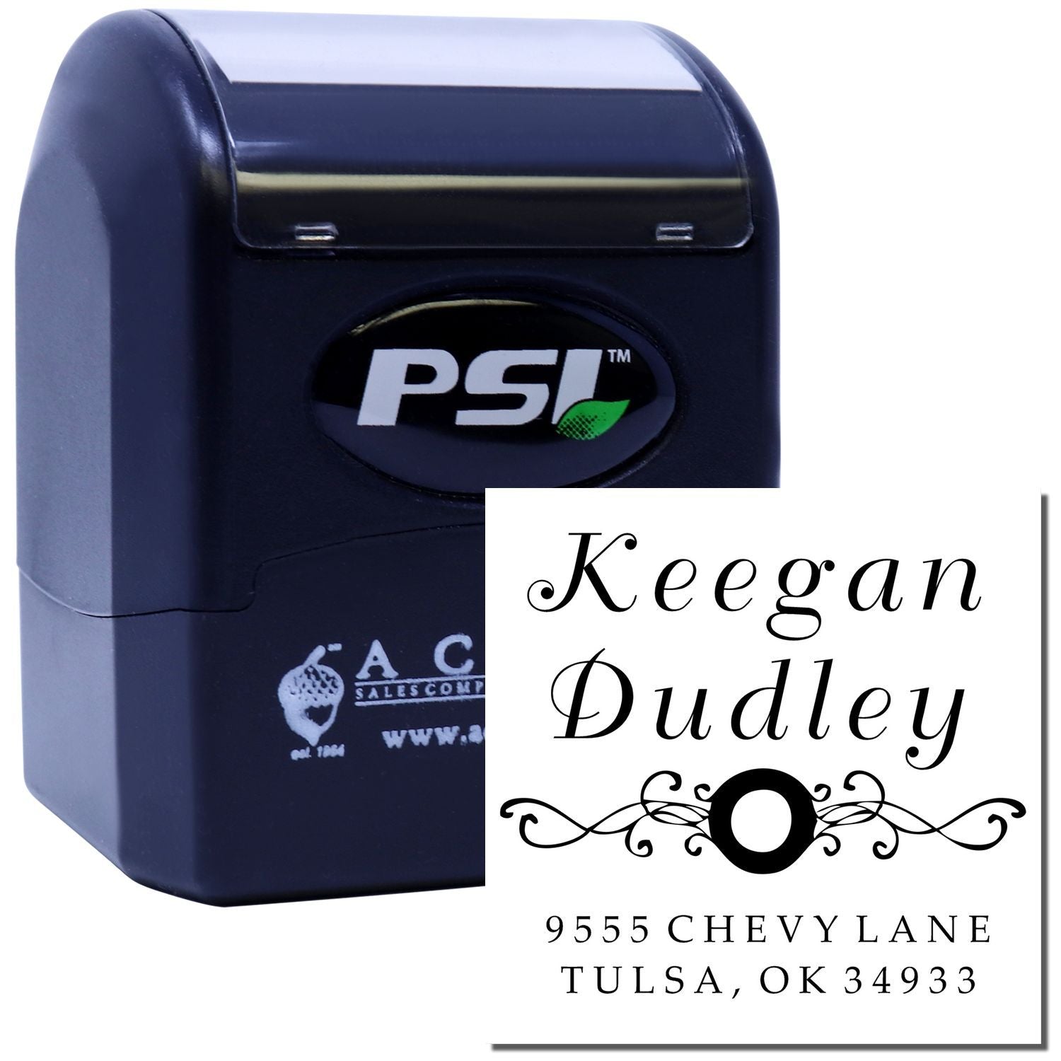PSI self-inking custom rubber stamp with personalized address imprint for Keegan Dudley, Tulsa, OK