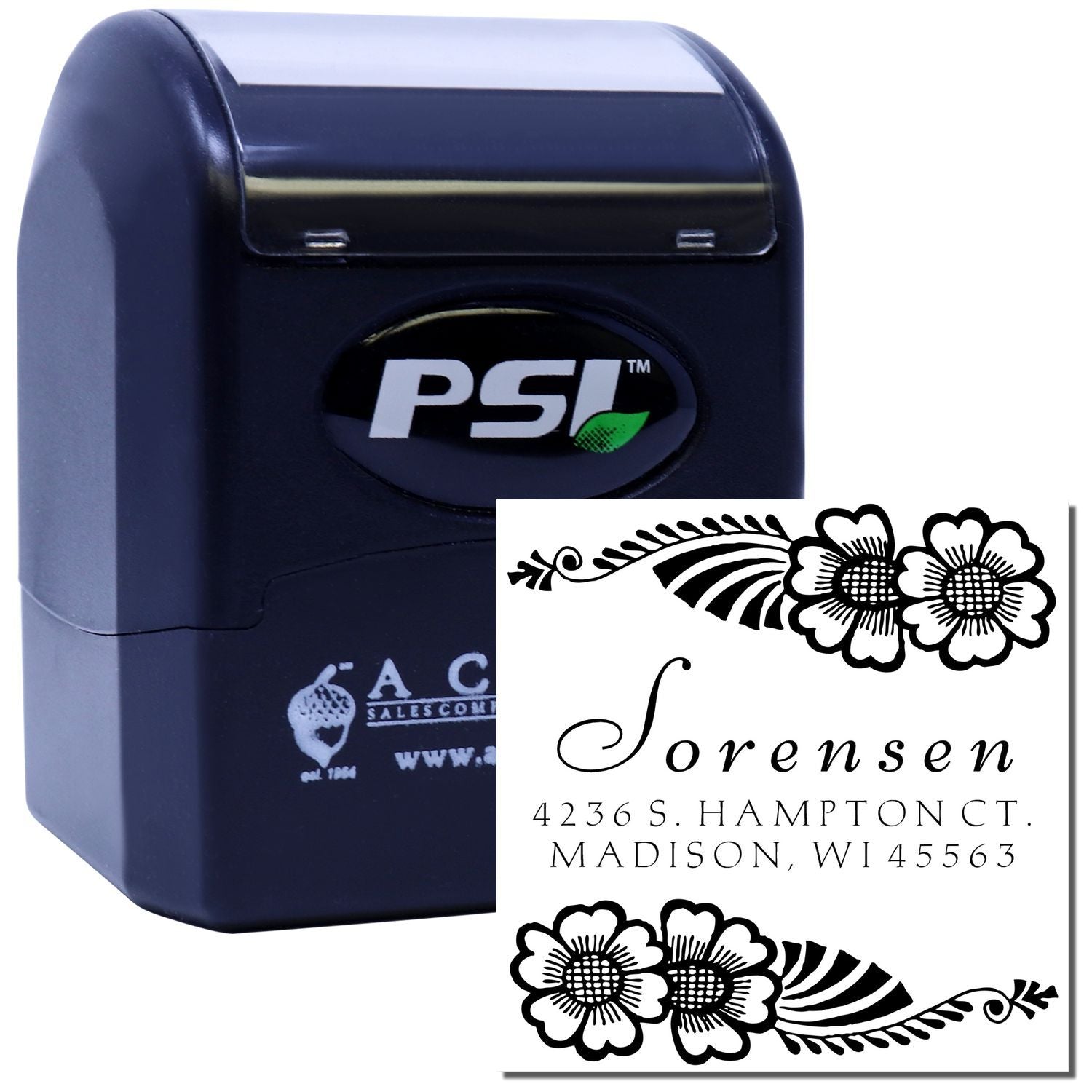 Self-inking custom address rubber stamp with floral design for envelopes, mailing labels, and business correspondence.