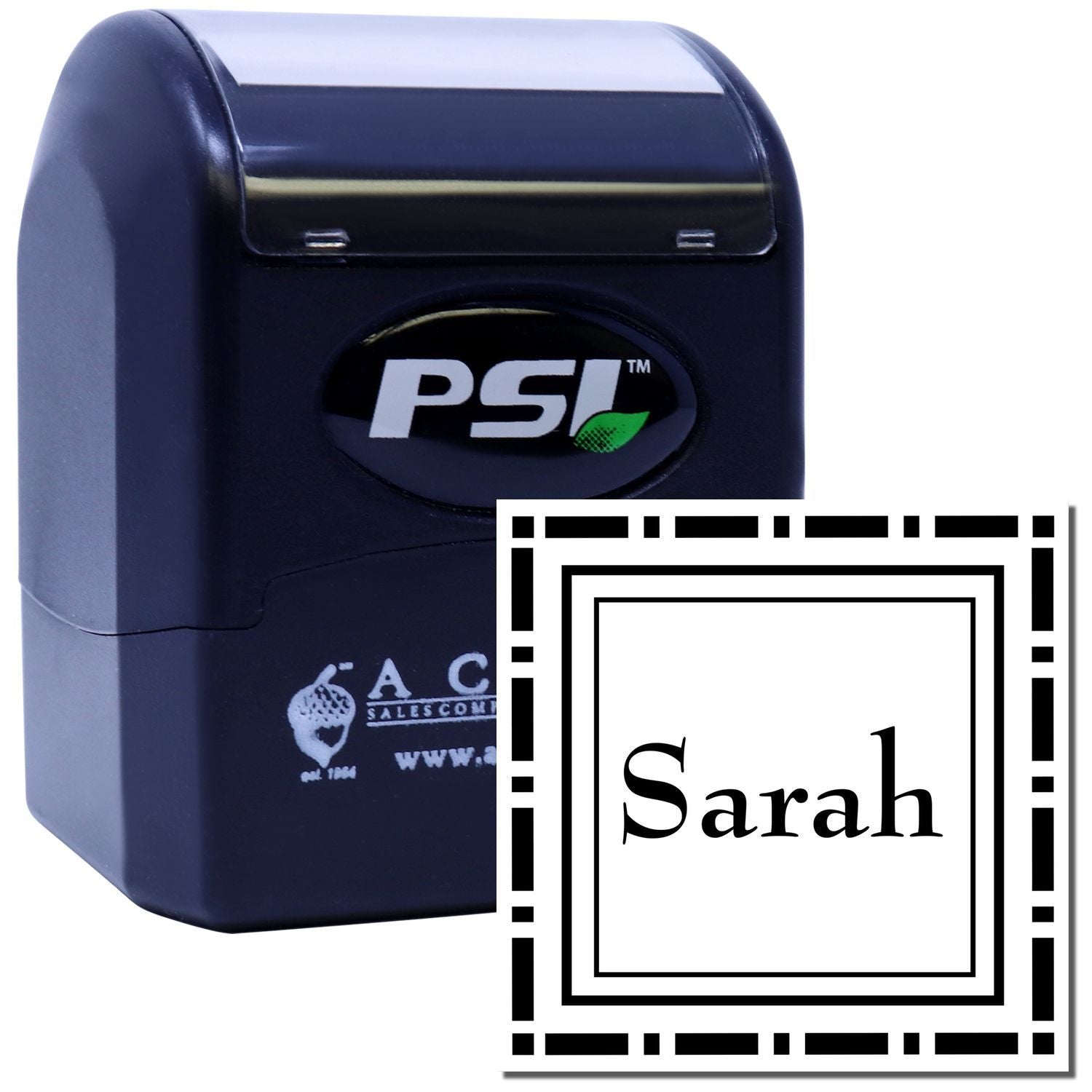 Custom PSI self-inking rubber stamp with Sarah name and decorative border for personal or business use