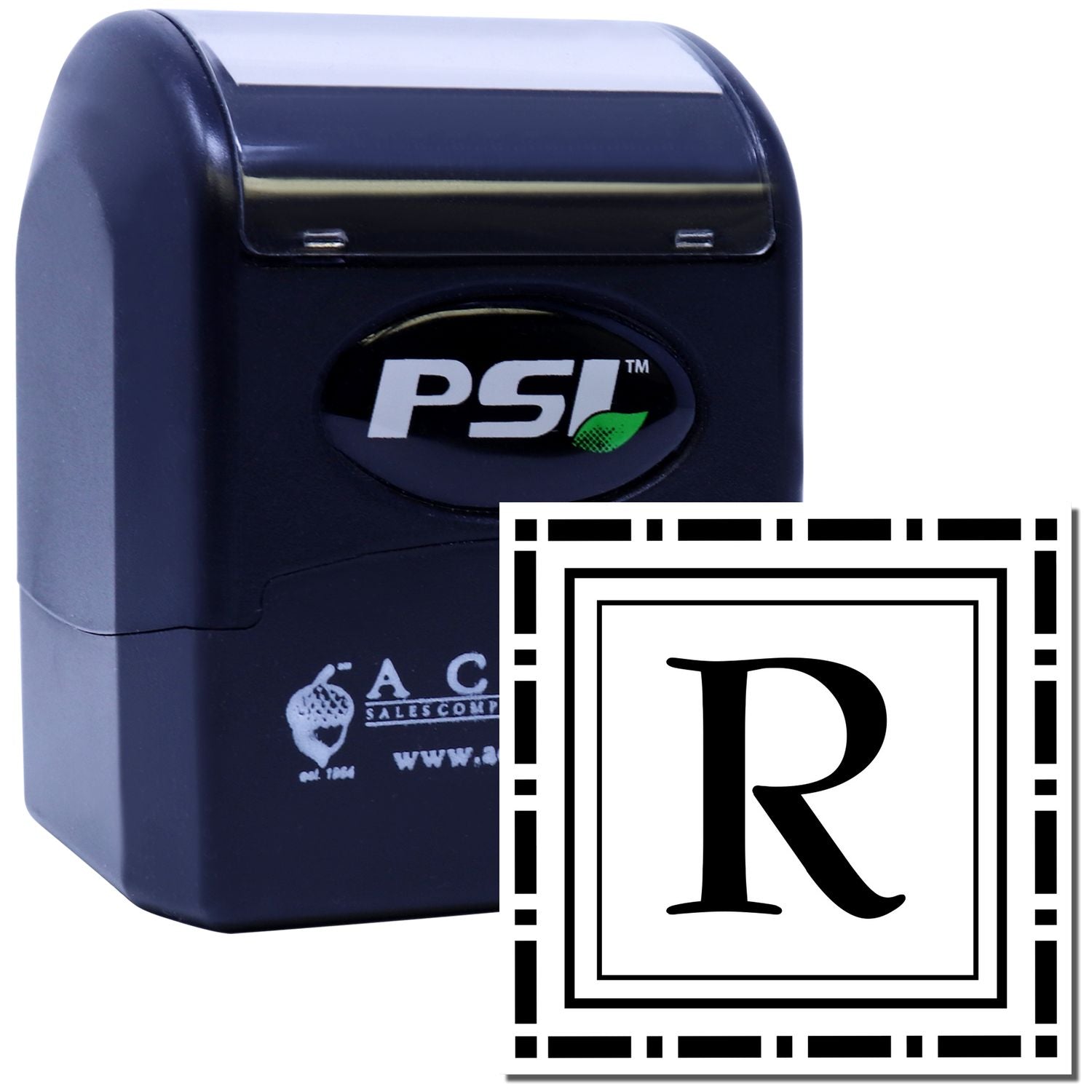 PSI self-inking rubber stamp with custom letter R, ideal for office marking, returns, and personalized business use.