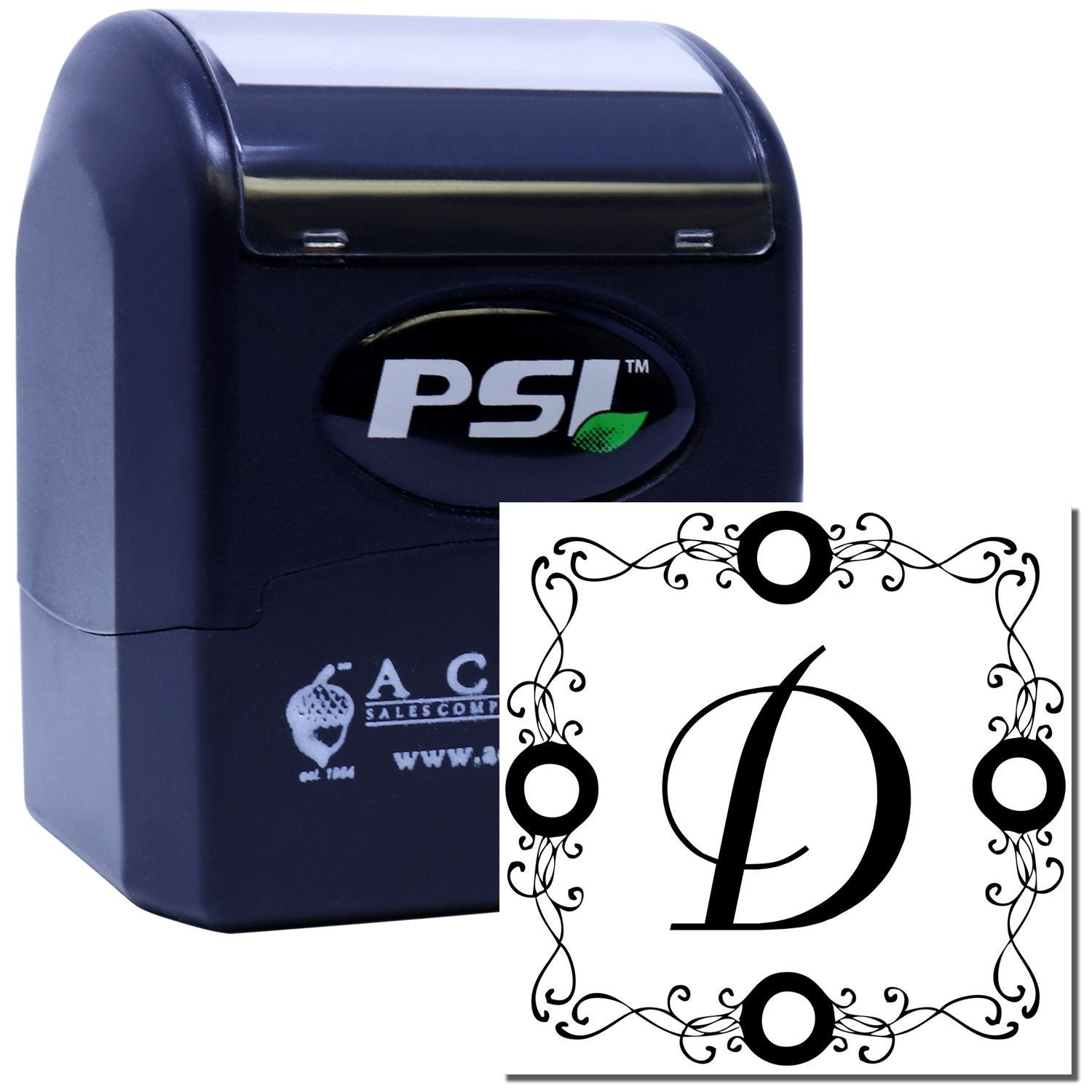 Custom self-inking PSI rubber stamp with ornate monogram D design for personalized stationery and branding.