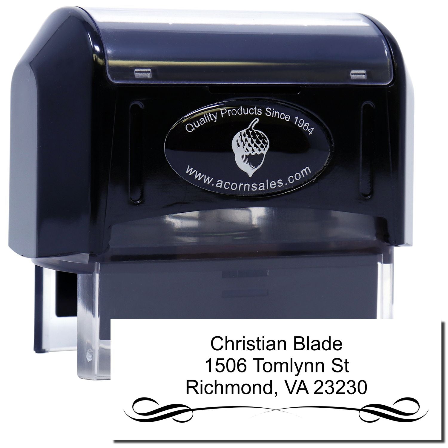 Custom self-inking rubber address stamp with Christian Blade name and Richmond, VA return address imprint.