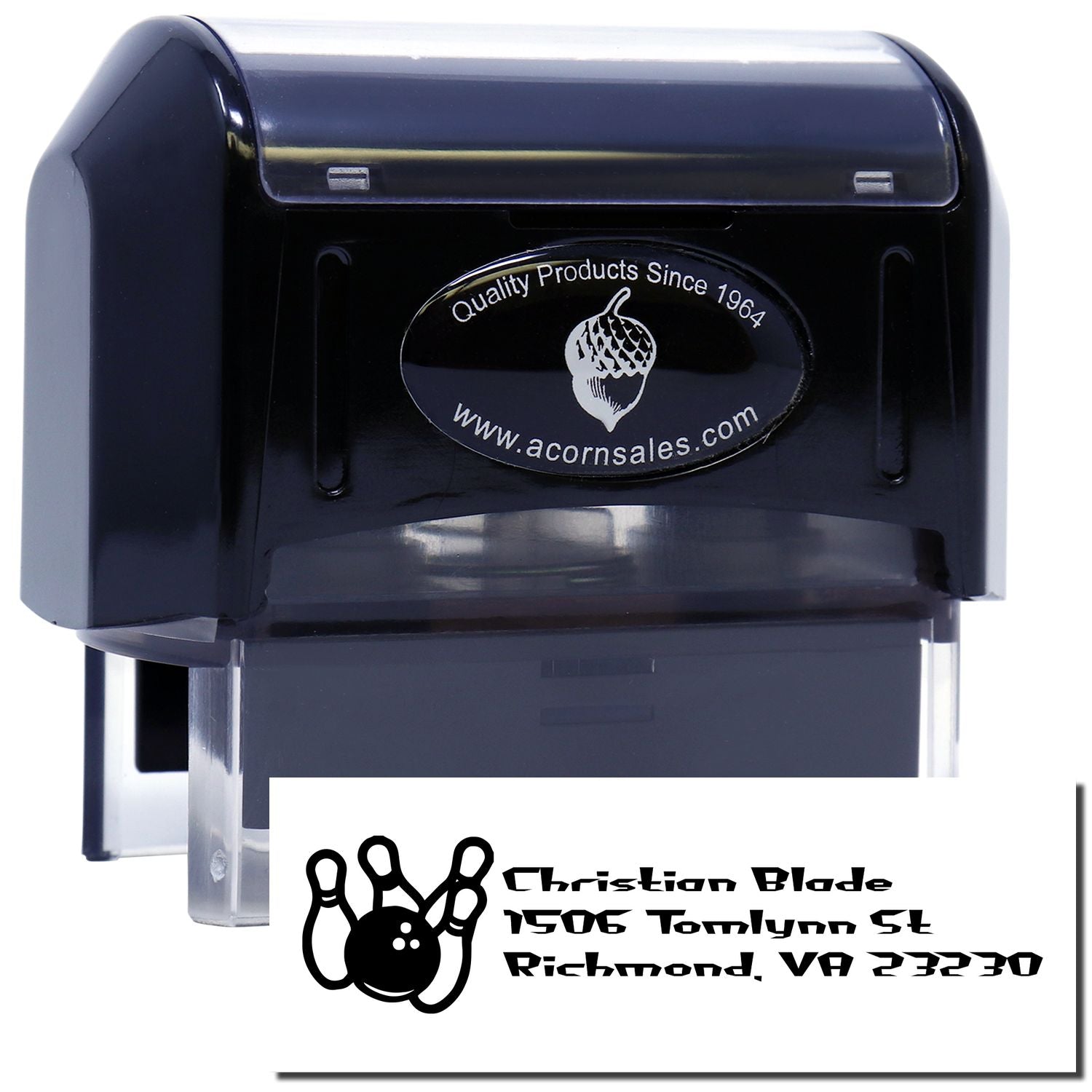 Self-inking custom rubber address stamp with bowling logo for Christian Blade, Richmond, VA.