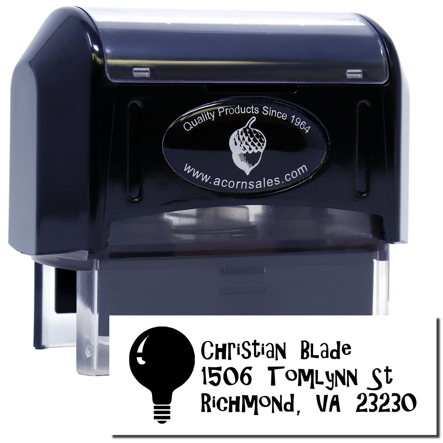 Custom self-inking rubber stamp with Christian Blade return address and lightbulb logo for mailing labels.