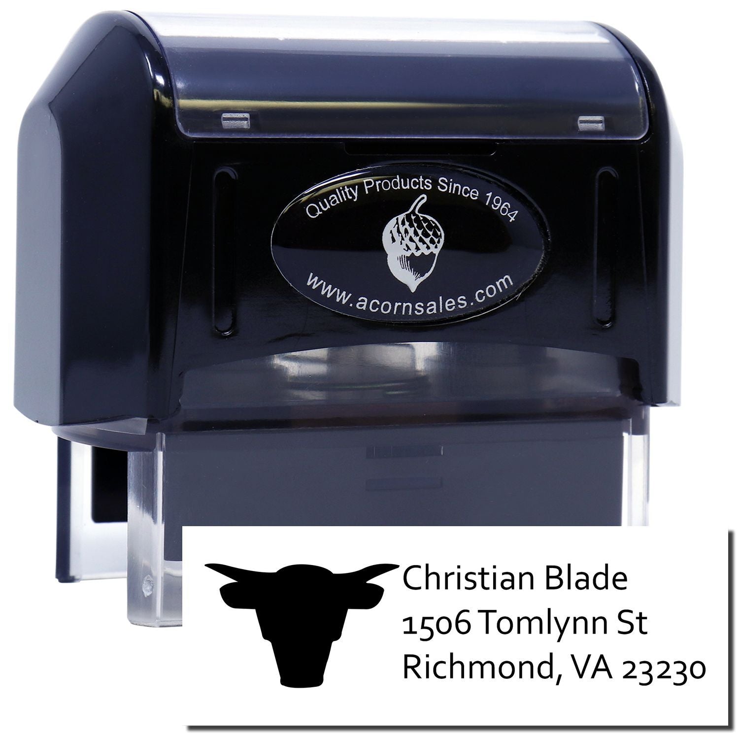 Custom self-inking address rubber stamp with bull logo for Christian Blade, Richmond, VA 23230